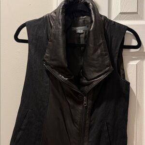 Vince Black Leather Linen Funnel Neck Front Zip Asymmetrical Vest